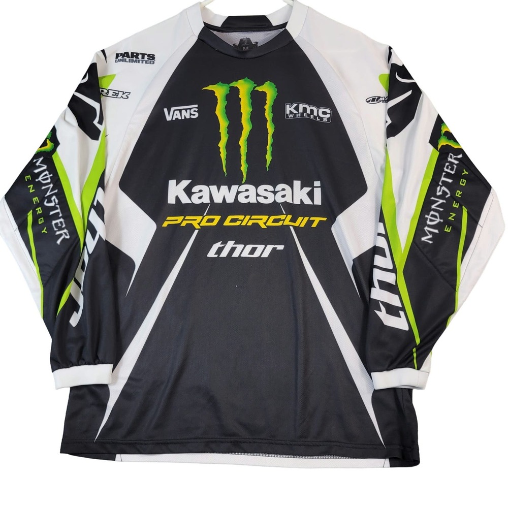 Monster Energy Kawasaki Dirt bike Racing Jersey Mens M Padded Elbows White Black